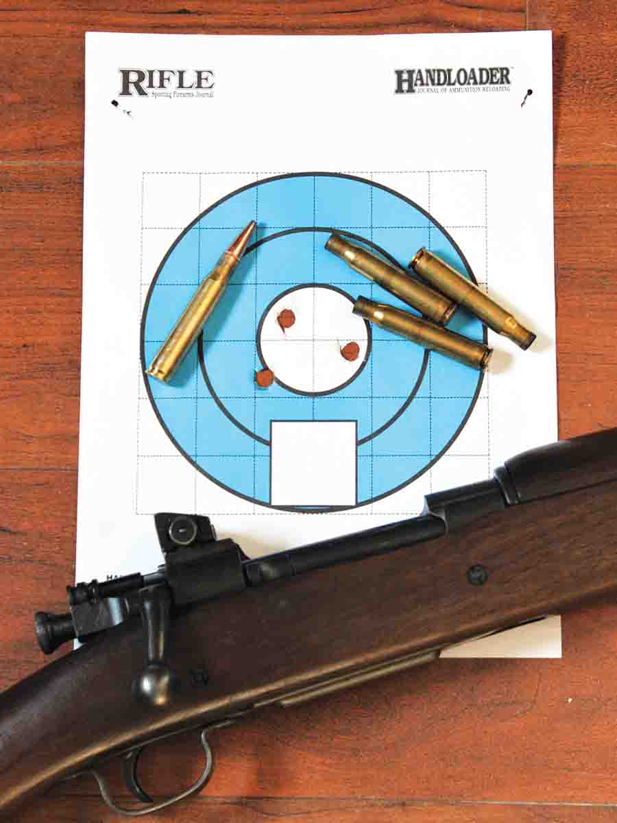 All three of the loads tested grouped about 2 to 3 inches above the top of the front sight at 100 yards, about how Remington 1903A3s were sighted-in at the Ilion factory. This group was shot with the Varget handload.